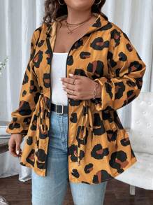 SHEIN LUNE Áo khoác dài có mũ trùm đầu họa tiết da báo cỡ lớn 1 mảnh - Rỉ Nâu - Xem 4