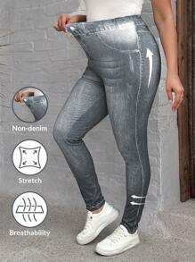 SHEIN LUNE Celana Legging Jegging Ketat Elastis untuk Wanita Ukuran Plus dengan Efek Denim - Dark Grey - View 1