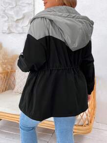 SHEIN LUNE 大码标语印花拼色拉链羊毛连帽夹克，秋冬 - 淺灰色 - 查看 2