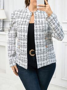 SHEIN Clasi 大码女式优雅粗花呢夹克，带金属扣装饰，日常休闲商务通勤外套 - 白色 - 查看 4