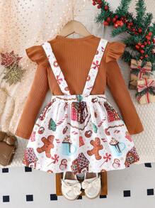 SHEIN 2pcs/Set Young Girls Christmas Ribbed T-Shirt And Cute Gingerbread House Print Suspender Skirt - Khaki - View 2