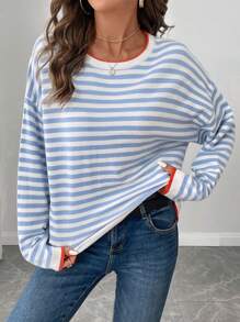 EMERY ROSE LUNE Striped Pattern Contrast Trim Drop Shoulder Sweater,Long Sleeve Tops