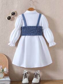 2pcs/Set Girls Fashionable Puff Sleeve Shirt Dress + Casual Flower Strap Vest Outfit, Fall/Winter
