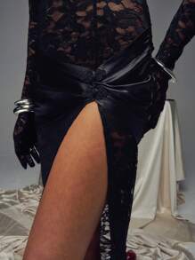 Stand Collar Front Cut-Out Puff Sleeve Bodycon Midi Dress - Black - View 4