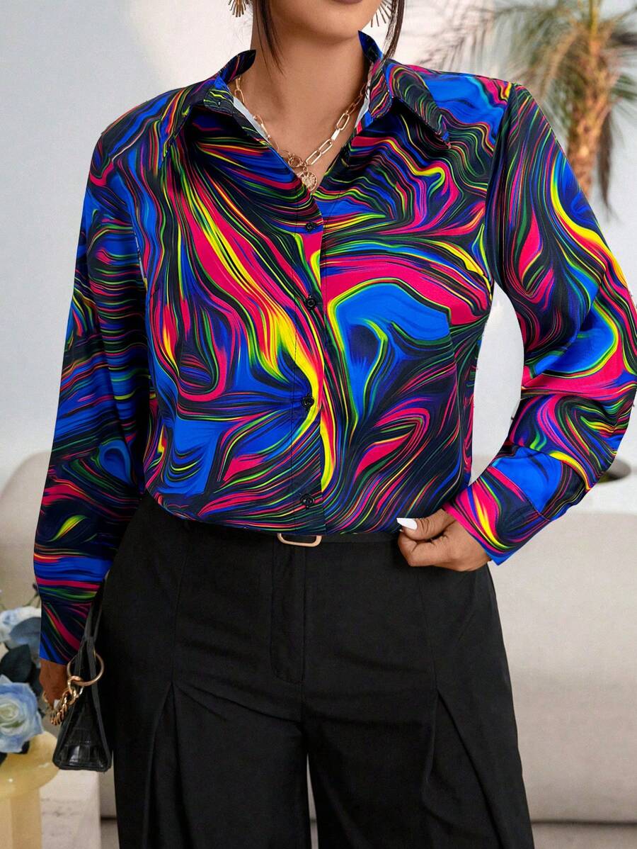 Calvaya Plus Size Full-Print Front Button-Up Elegant Long Sleeve Shirt - Multicolor - View 1