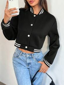 Chiquease Chaqueta de béisbol corta de manga larga a rayas casual de otoño para mujer - Negro - Ver 1
