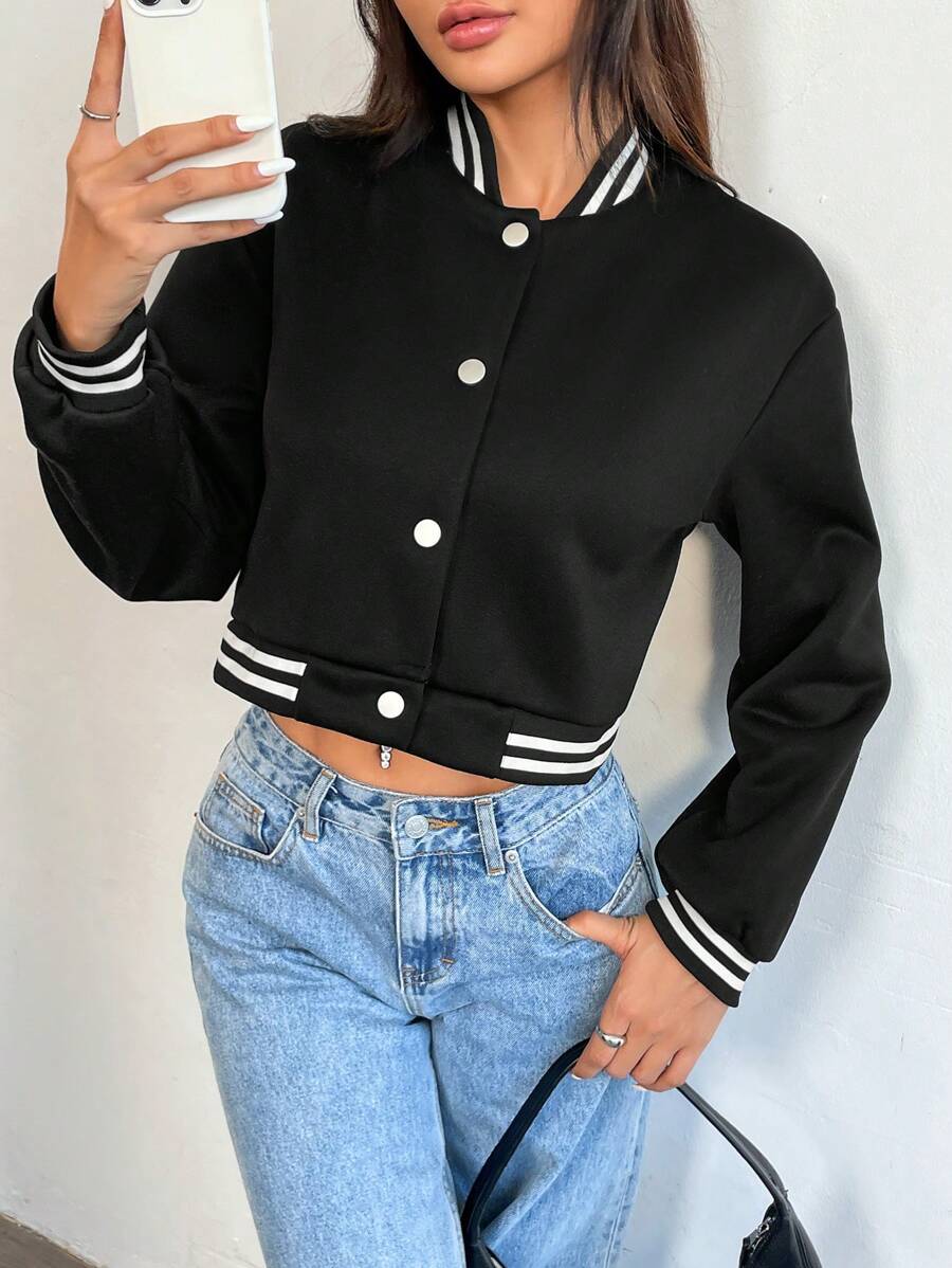 Chiquease Chaqueta de béisbol corta de manga larga a rayas casual de otoño para mujer - Negro - Ver 1
