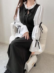 FRIFUL 女士优雅休闲撞色蝴蝶结装饰结领连衣裙，秋季，荷叶边长袖连衣裙 - 黑色 - 查看 4