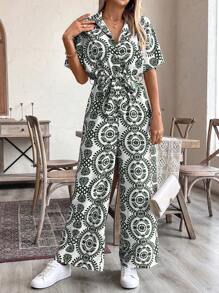 SHEIN LUNE Bộ đồ liền thân Palazzo rộng rãi cho nữ có họa tiết hoa toàn thân và thắt eo - màu xanh lá - Xem 4