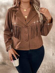 SHEIN LUNE Chaqueta con decoración de flecos y tachuelas de moda talla grande, otoño - Marrón - Ver 3
