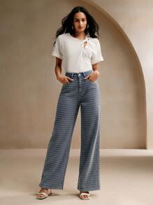 Anewsta Women's Casual Pocketed Jacquard Wide Leg Relaxed Fit Denim Pants - Blue - View 5