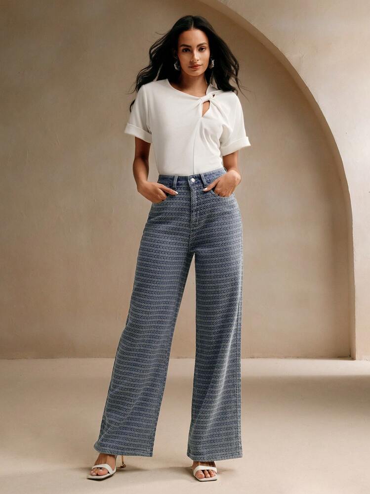 Anewsta Calça Denim Casual de Perna Larga com Bolsos e Ajuste Relaxado Jacquard para Mulheres - Azul - Visão 5