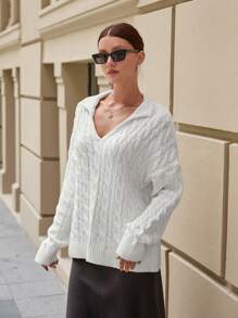 EURMUSE Luźny, dzianinowy sweter midi z okrągłym dekoltem dla kobiet - Biały - Zobacz 6