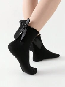 ROMWE Kawaii Women's Cute Bow Decor Mid-Calf Socks - Black - View 1