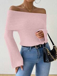 SHEIN Unity New Arrival Autumn/Winter Fashionable Solid Color Foldover Off Shoulder Sweater Top Knit Pullover Fall - Baby Pink - View 4