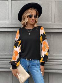 SHEIN LUNE 女式黑色圆领长袖拼布休闲运动衫上衣，秋季 - 黑色 - 查看 3