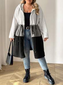 SHEIN CURVE+ Áo khoác lông trùm đầu tay dài chắp vá cỡ lớn có túi cho nữ, mùa thu/đông - Nhiều màu - Xem 4