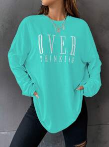 SHEIN Unity 圆领长袖字母图案衬衫，休闲日常穿着印花T恤，女士春季穿搭上衣，绿色长袖针织衫，宽松女式衬衫，绿色卫衣，宽松款 - 綠色 - 查看 1