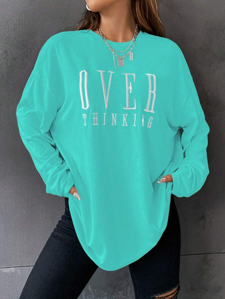 SHEIN Unity 圆领长袖字母图案衬衫，休闲日常穿着印花T恤，女士春季穿搭上衣，绿色长袖针织衫，宽松女式衬衫，绿色卫衣，宽松款 - 綠色 - 查看 1