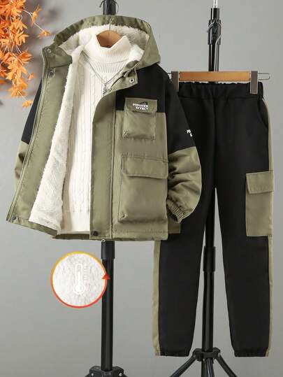 SHEIN Tween Boy 户外拼布防风休闲工作服夹克和裤子套装