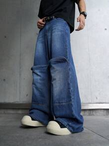 Manfinity EMRG 男士休闲日常秋季水洗猫须设计宽松阔腿牛仔裤纯色深蓝色宽松深色水洗牛仔裤，送给老公、男朋友的礼物 - 藍色 - 查看 8