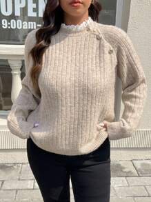 SHEIN Frenchy Plus Size Lace Patchwork Collared Button-Up Pullover Sweater, Autumn/Winter