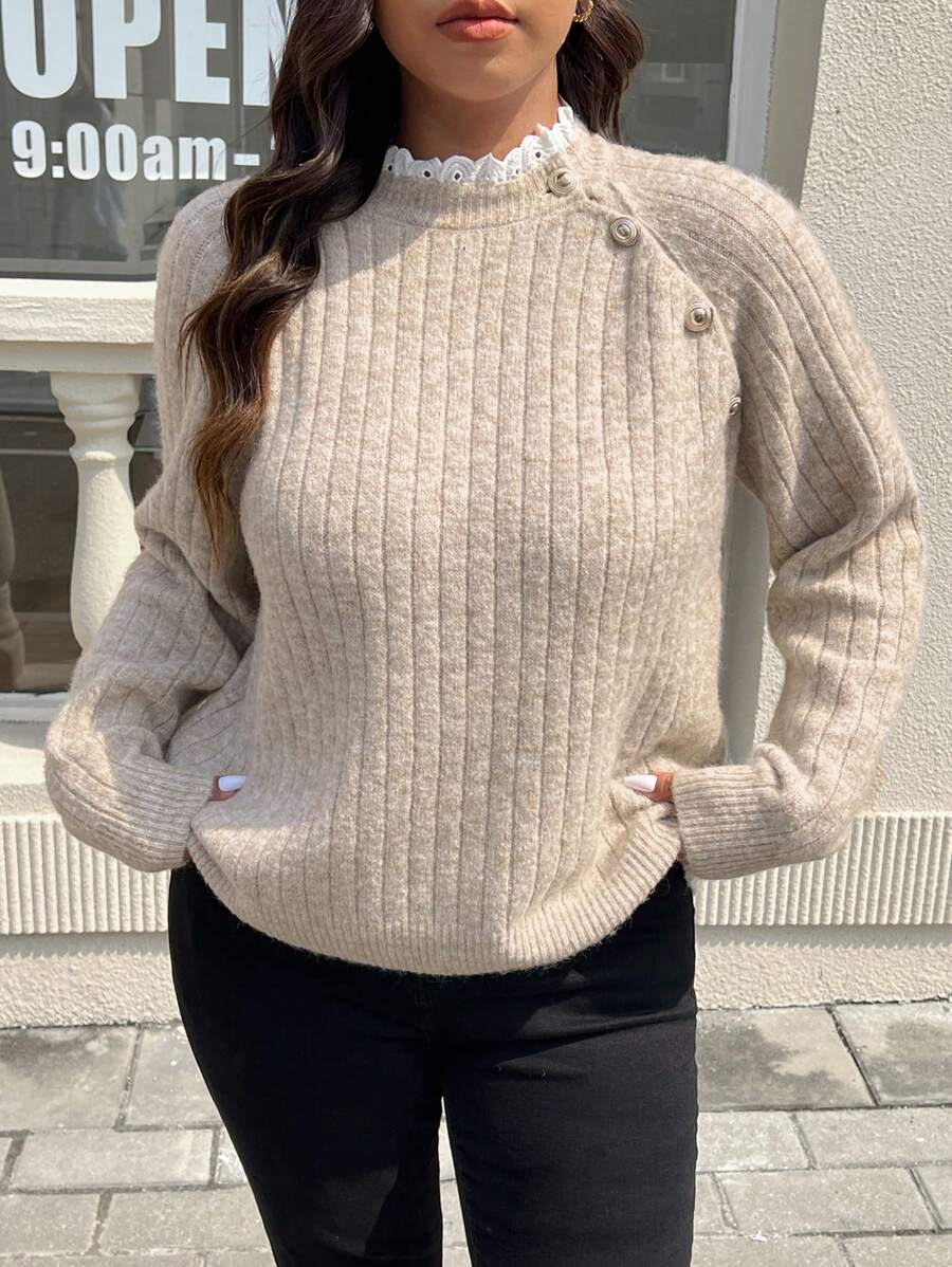 SHEIN Frenchy Plus Size Lace Patchwork Collared Button-Up Pullover Sweater, Autumn/Winter