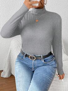 SHEIN PETITE CURVE T-shirt ajusté à manches longues col montant de couleur unie pour femmes en tailles plus