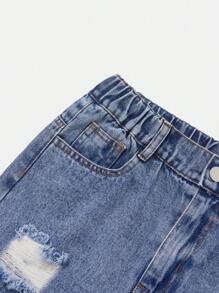 SHEIN Explorewe Calça Denim Denim de Carga Desgastada Casual para Meninas Pré-Adolescentes - Lavagem Média - Visão 6