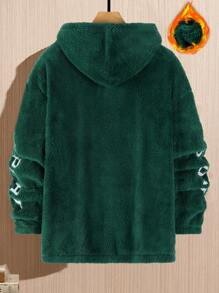 Manfinity Homme Sudadera con capucha holgada para hombres con oso de peluche, cordón ajustable, hombros caídos y bordado de letra - Verde - Ver 2