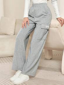 Mulvari 女士休闲字母印花工装口袋直筒宽松裤 - 灰色 - 查看 4