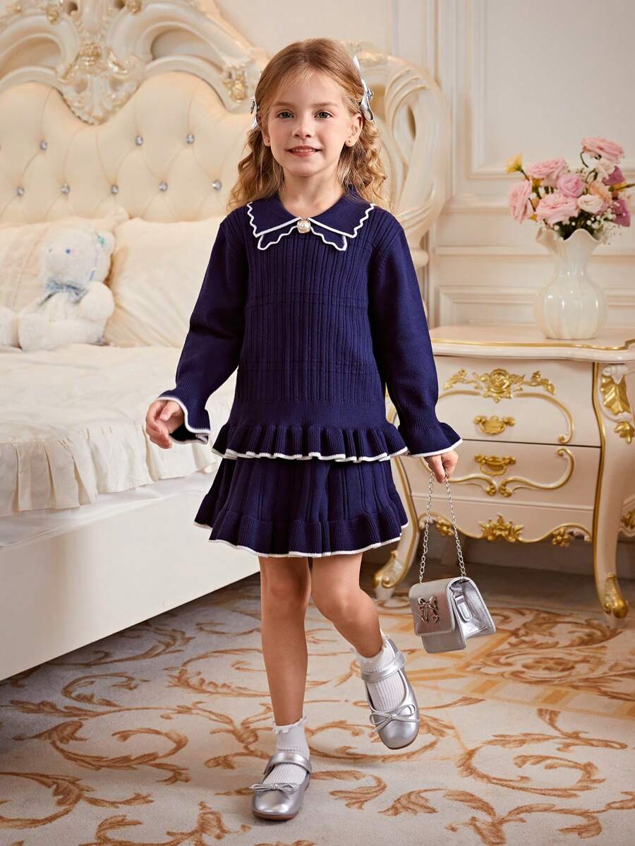 SHEIN 年轻女孩毛衣套装，可爱公主风格长袖荷叶边连衣裙，带蝴蝶结装饰，适合秋冬季日常穿着和旅行 - 藏蓝色 - 查看 1