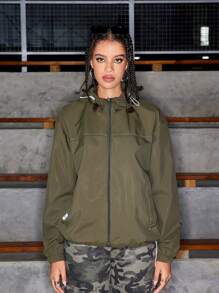 SHEIN Sports Women's Solid Color Long Sleeve Drawstring Hooded Loose Casual Sports Jacket - Army Green - View 2