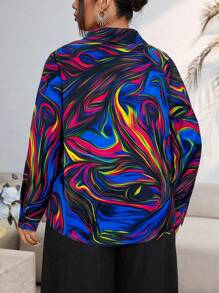 Calvaya Plus Size Full-Print Front Button-Up Elegant Long Sleeve Shirt - Multicolor - View 2