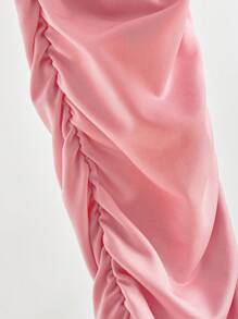 SHEIN Essnce 2pcs Women Autumn Solid Color Drop Shoulder Long Sleeve Drawstring Hem Top And Pleated Loose Pants Casual Set - Pink - View 5