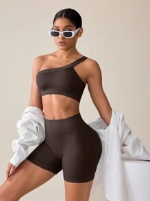 SHEIN Sports Bộ đồ tập thể thao mùa hè cho nữ, áo không tay cổ bẻ màu trơn không đường may và quần short - Cà phê nâu - Xem 5