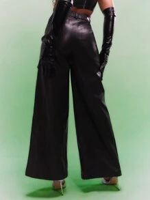 SUMWON WOMEN PU高腰阔腿裤 - 黑色 - 查看 2