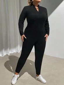 SHEIN CURVE+ Women's Plus Size Solid Color Zip Front Bodycon Jumpsuit, Autumn - Black - View 4