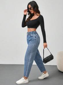 SHEIN Tall 女士牛仔裤休闲修身锥形裤宽腰蓝色牛仔裤高腰女式牛仔裤女裤冬季女式裤子牛仔服装，秋季女装 - 淺色水洗藍 - 查看 3