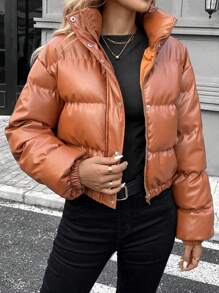 SHEIN LUNE Chaqueta acolchada de dama marrón gruesa y cálida de invierno