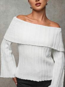 SHEIN BAE Women White Autumn Elegant Date Off Shoulder Flared Sleeve Loose Knitted Sweater,Solid Color Hollowed Oversized Soft Skin-Friendly Thickened Warm Tops - White - View 2