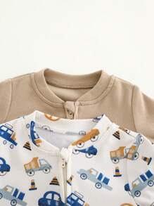 Cozy Pixies 2pcs Infant Baby Boys Cartoon Car Knitted Soft Crew Neck Long Sleeve Romper With Footed Pants Set