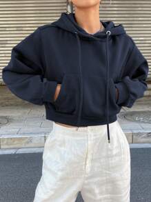 DAZY 女士纯色连帽短款休闲口袋长袖运动衫，秋季服装 - 藏蓝色 - 查看 4