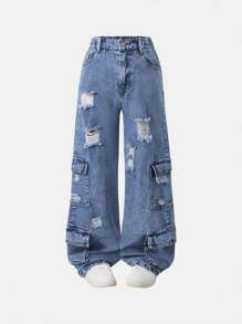 SHEIN Explorewe Calça Denim Denim de Carga Desgastada Casual para Meninas Pré-Adolescentes - Lavagem Média - Visão 1