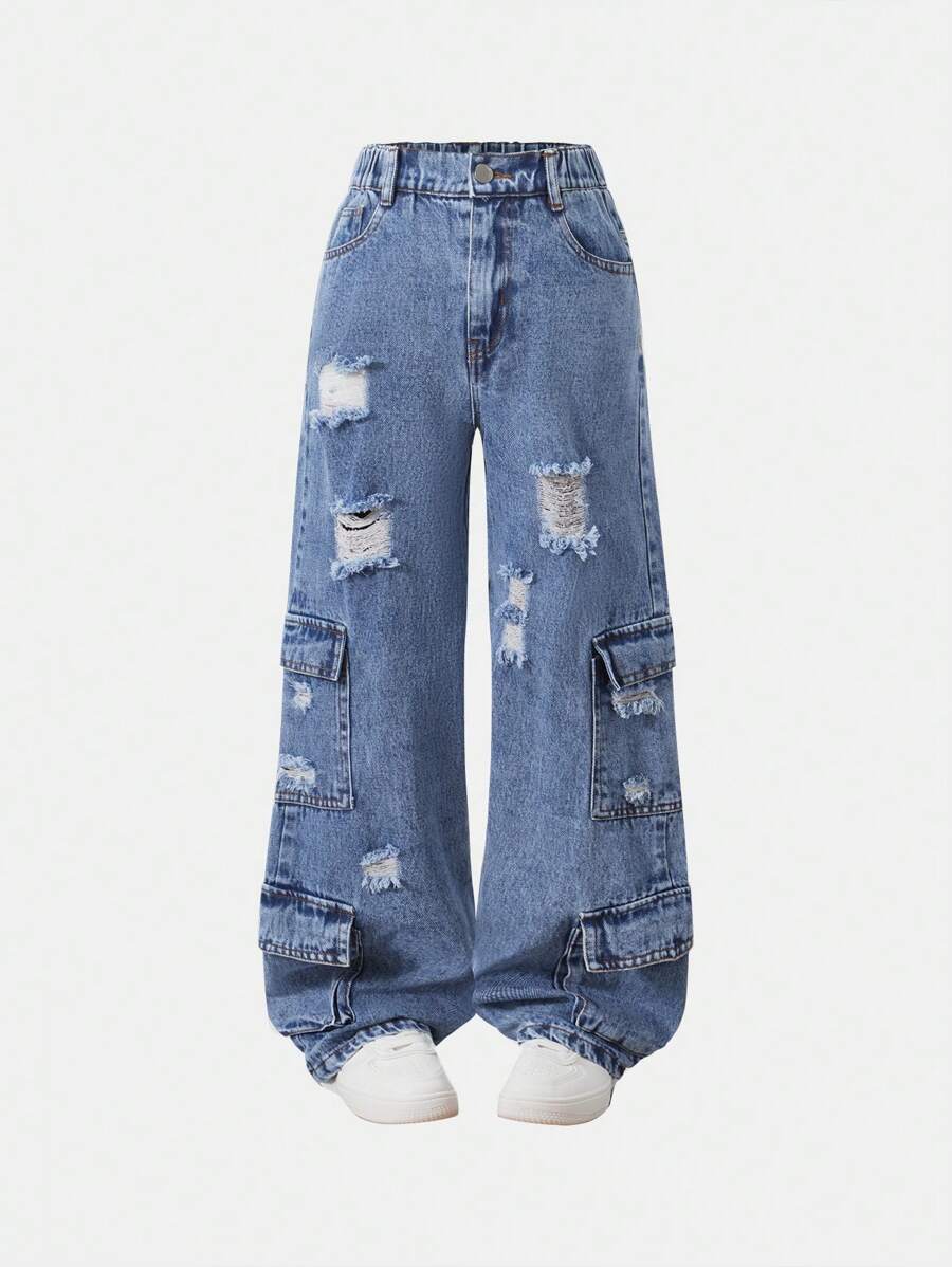 SHEIN Explorewe Calça Denim Denim de Carga Desgastada Casual para Meninas Pré-Adolescentes - Lavagem Média - Visão 1