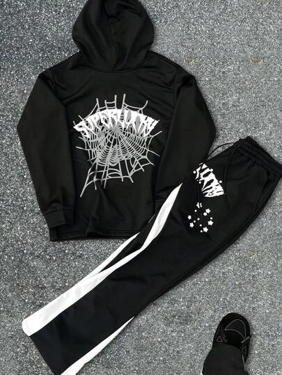 Manfinity EMRG 2pcs Men Hooded Spider Web Printed Sweatshirt And Contrast Color Casual Pants Tracksuit Set