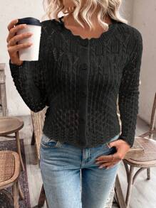 EMERY ROSE Women's Round Neck Hollow Front Button Cardigan Knitted Sweater Jacket, Autumn And Winter Crop Cardiganshort Cardiganblack Cardigan Woman Fall Cloth For Women - Black - View 6