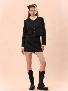 Enchnt Autumn Romantic Women's Black Cute Elegant Contrast Lace Flap Blazer And Pencil Skirt Suit Set,Two Pieces Outfits