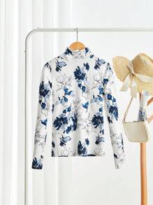 SHEIN LUNE Women's Floral Print V-Neck Casual Long Sleeve T-Shirt