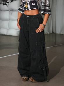 SHEIN EZwear 女士休闲宽松时尚多口袋工装阔腿牛仔裤，秋季 - 黑色 - 查看 1